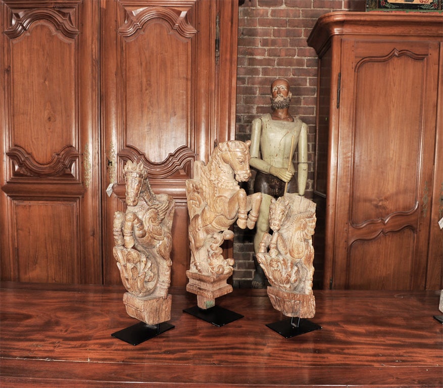 Carved Teak Temple Horses on Iron Base