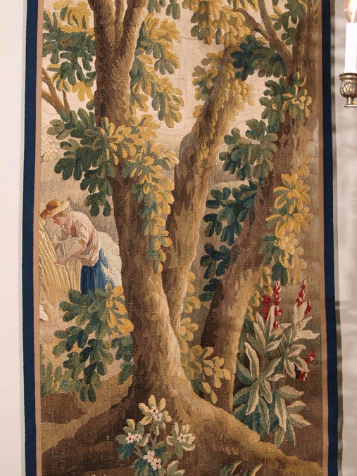 18th Century Mid-18th C French Aubusson Tapestry of a Pastoral Scene in Shades of Gold, Green For Sale