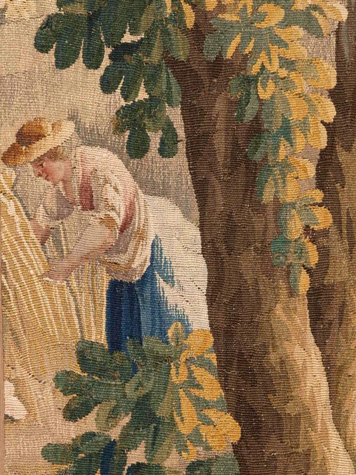 Wool Mid-18th C French Aubusson Tapestry of a Pastoral Scene in Shades of Gold, Green For Sale