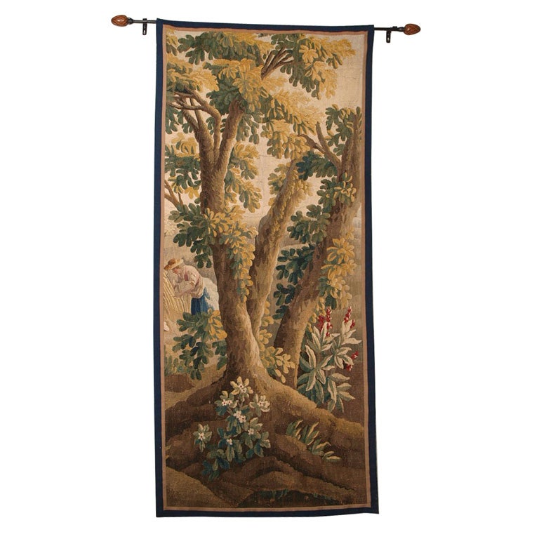 Mid-18th C French Aubusson Tapestry of a Pastoral Scene in Shades of Gold, Green For Sale