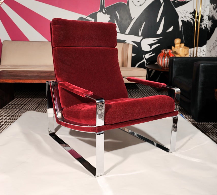 High-flying design from the international jet-set of the 1970's.  Cool armchair with original upholstery in vivid pomegranate mohair.  Baughman's best design features in the unusual chromed steel framework.  <br />
FREE DELIVERY in Manhattan for