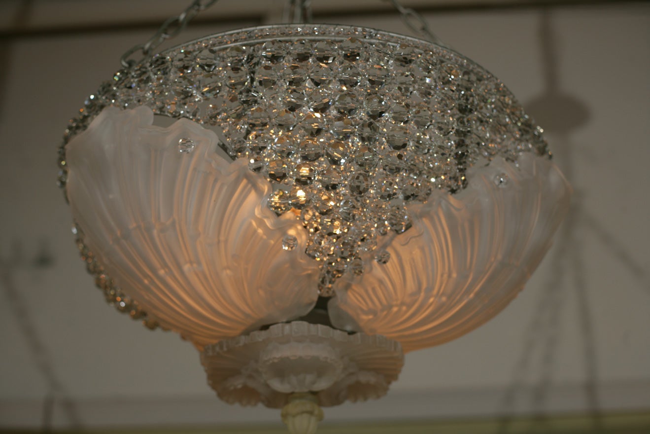 Lalique style chandelier with crystal beads and glass shells