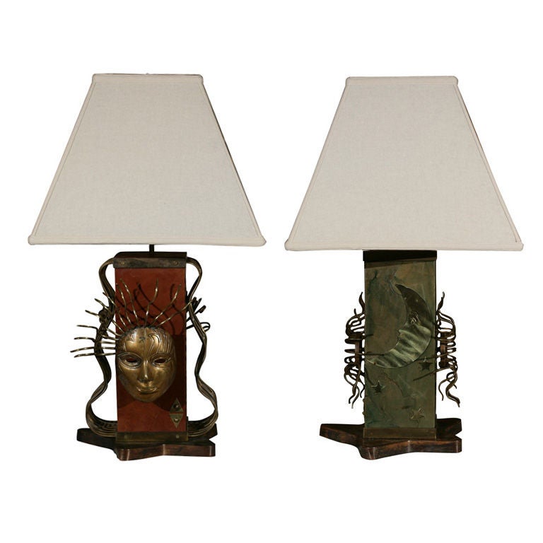 Pair of Italian Modernist Brass And Leather Embossed Pedestal Lamps W/ Shades