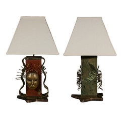 Pair of Italian Modernist Brass And Leather Embossed Pedestal Lamps W/ Shades