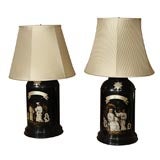 Pair of English Tole Painted Tea Canister Table Top Lamps