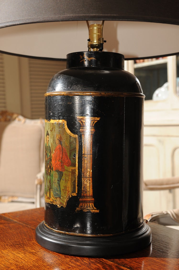 English Tole Painted Tin Tea Canister Table Lamp at 1stDibs