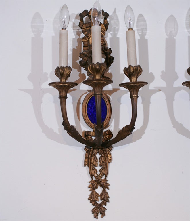 Pair Bronze 3 light Sconces with Cobalt inserts