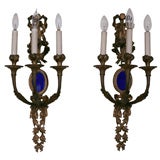 Pair Bronze 3 light Sconces with Cobalt inserts