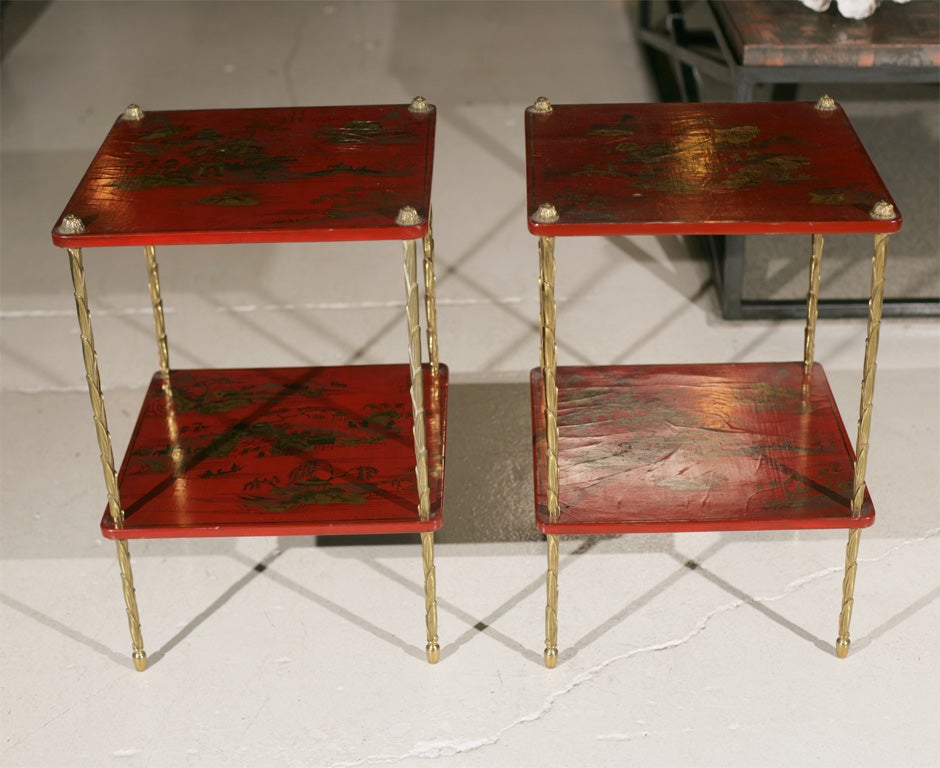 PAIR Red Chinoiserie Two-Tier Tables