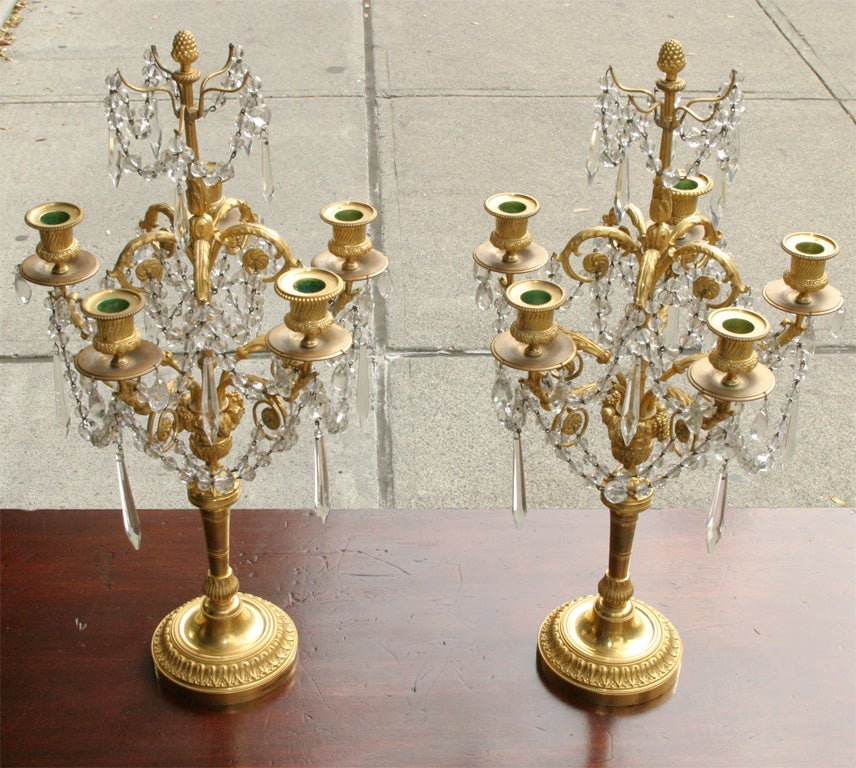 A very nice pair of gilt bronze 5 light candelabra. The metal work finely gilded and chased. The casting is done with much detail and in a number of scales giving the pair a rich and finished form. The casting containing all the standard late