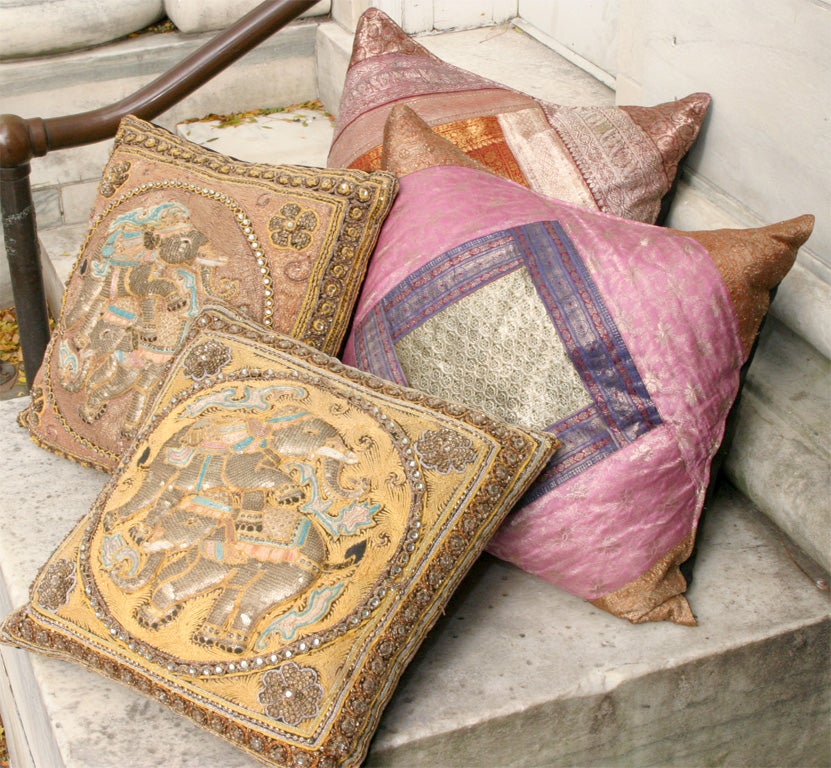 Group of Vintage Indian Metalic Thread and Silk Pillows
