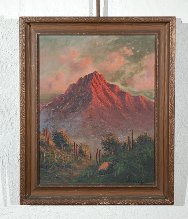 Check out the signature it is thought to be of an American artist that painted this Arizona mountainous desert scene in the 1930's. The painting is a good furnishing size, has interesting subject matter and will work to complement most settings. We