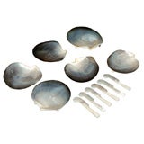 Six Mother of Pearl Caviar Dishes/ Bun Feet and Six Spreaders