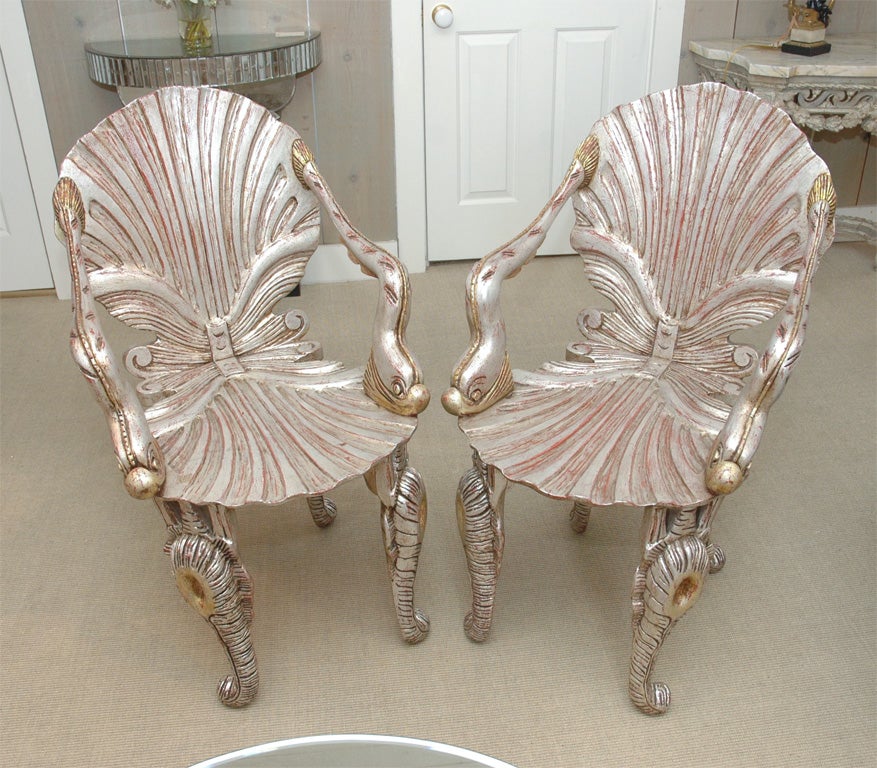 Spectacular pair of Italian Grotto chairs designed by reknowned interior designer David Barret. These are the first and the earliest Grotto chairs that he produced.