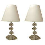 Vintage Pair of Faceted Glass Boudoir Lamps with Silver Metal Trim