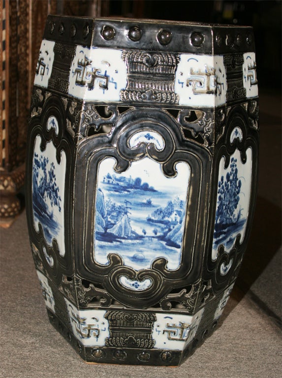 Porcelain Pair of Chinese blue & black porcelain garden seats stools