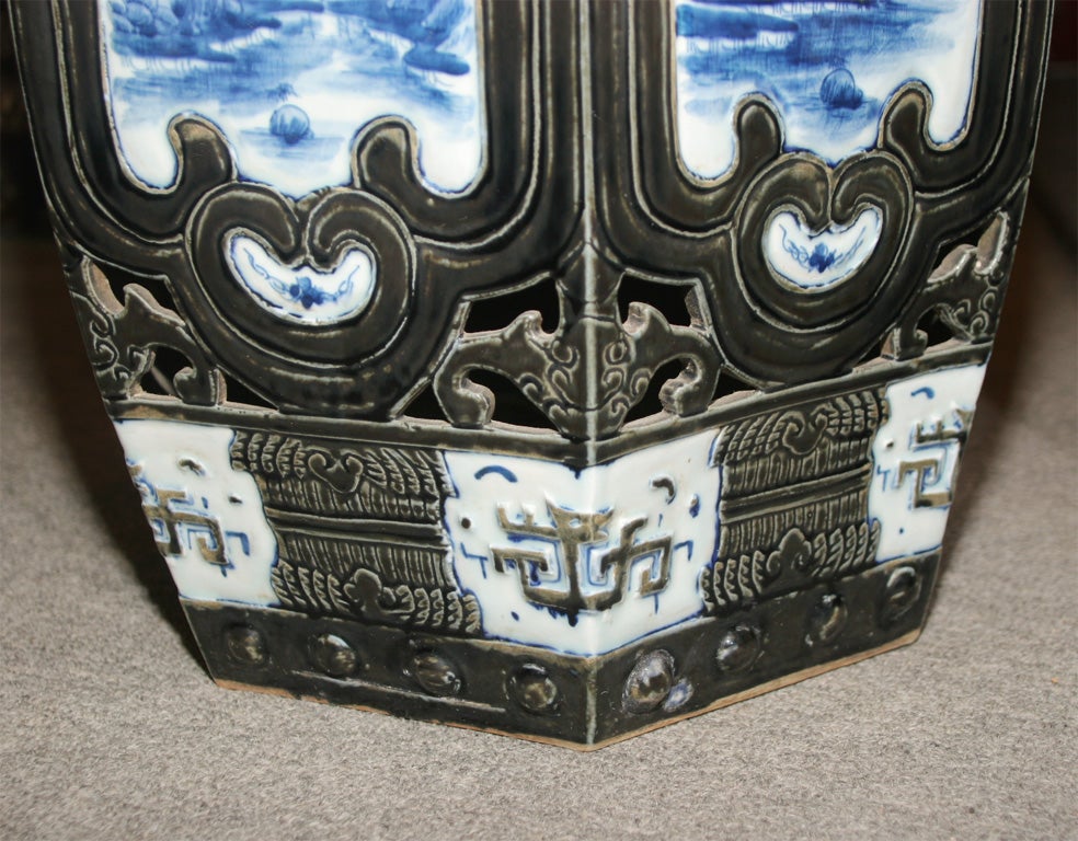 Pair of Chinese blue & black porcelain garden seats stools 1