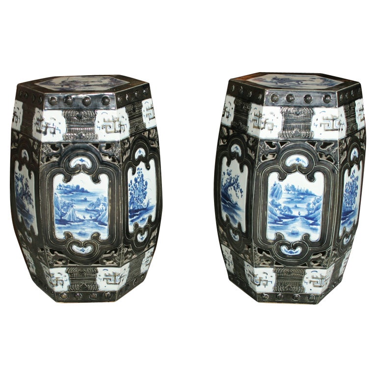 Pair of Chinese blue & black porcelain garden seats stools