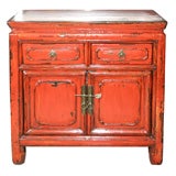 CHINESE ANTIQUE PAIR OF BEDSIDE SIDE CABINETS IN RED LACQUER