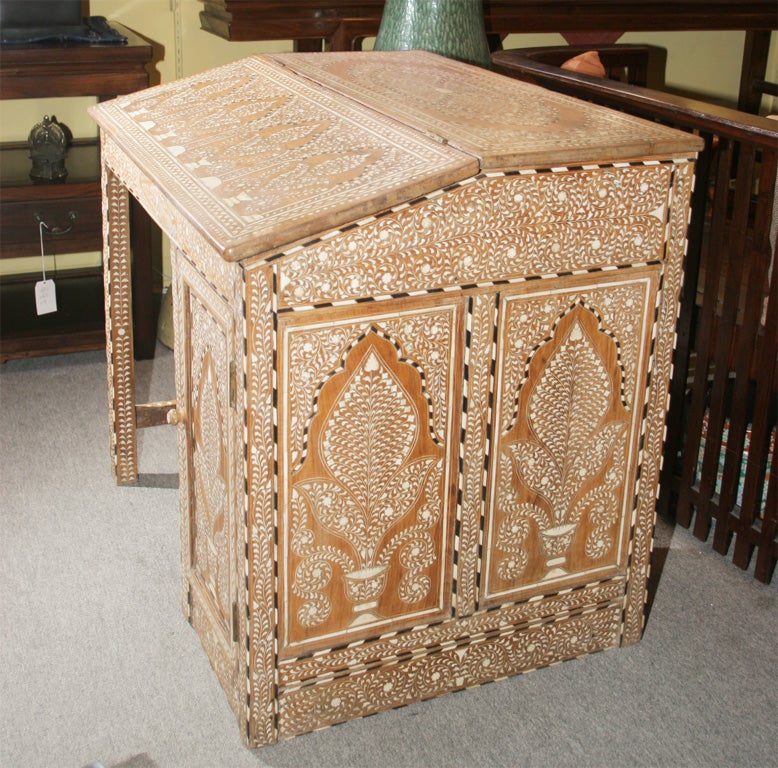 India 19th century English colonial teak inlaid desk in bone and ebony inlay.