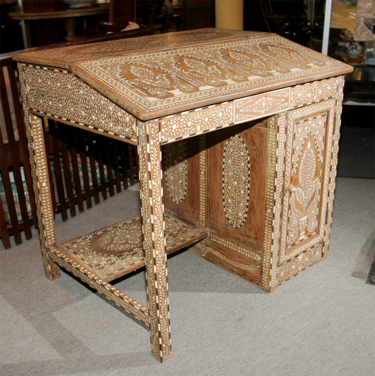 Teak India 19th century Anglo Indian desk in bone & ebony inlay