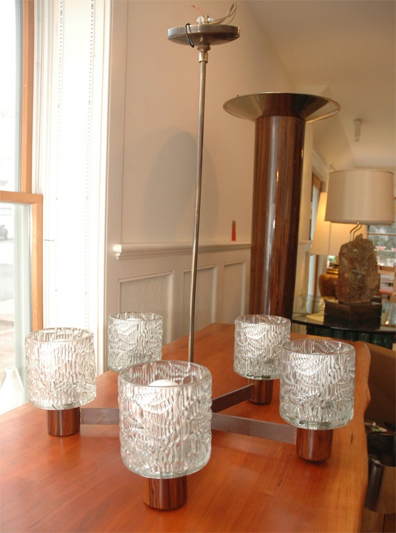 Pair of Glass & Rosewood Art Deco Chandeliers