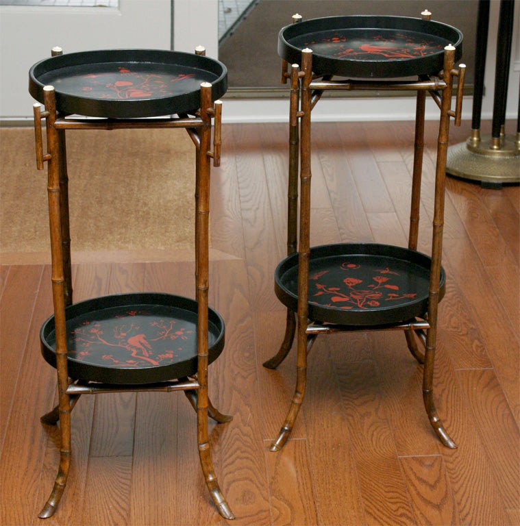 Pair of Japanese stands. Black lacquer with red lacquer detail,  bamboo legs and ivory/bone details.