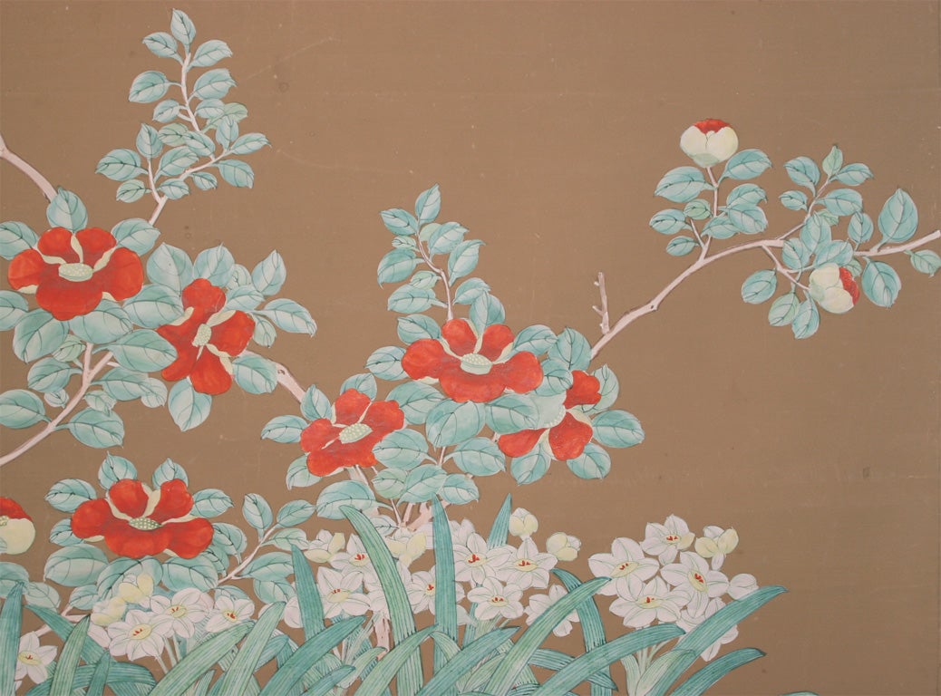 Hand-Crafted Set of Five Antique Chinese Polychrome Wallpaper Panels, Chinese, circa 1825 For Sale