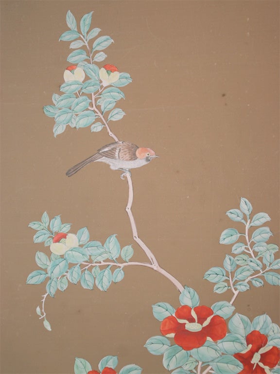 Gouache Set of Five Antique Chinese Polychrome Wallpaper Panels, Chinese, circa 1825 For Sale