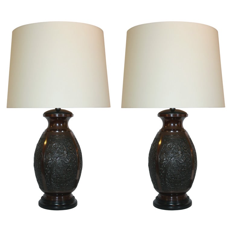 Pair of Modernist Japanese Patinated Bronze Table Lamps