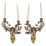 A Pair of Gilt Metal Painted Tole Porcelain Sconces
