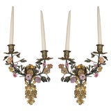 Antique A Pair of Gilt Metal Painted Tole Porcelain Sconces