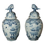 A Pair of 19th Century Delft Jars with Covers