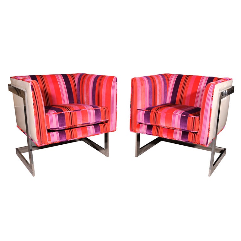 "Candy Stripes" chrome cube T-chairs Milo Baughman 1973 pair