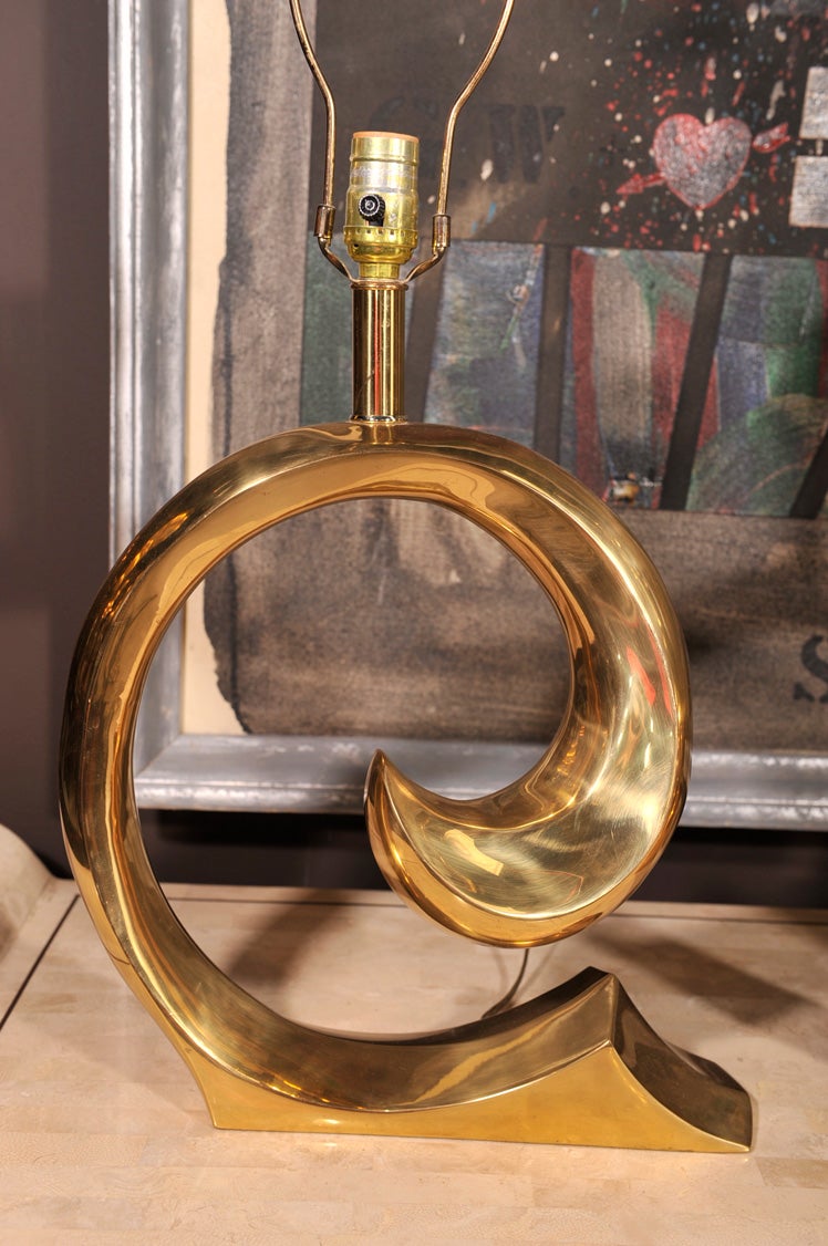 Mid century brass wave table lamps, pair after Pierre Cardin logo In Excellent Condition For Sale In Canaan, CT