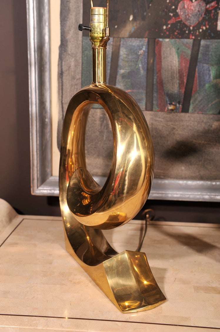 20th Century Mid century brass wave table lamps, pair after Pierre Cardin logo For Sale