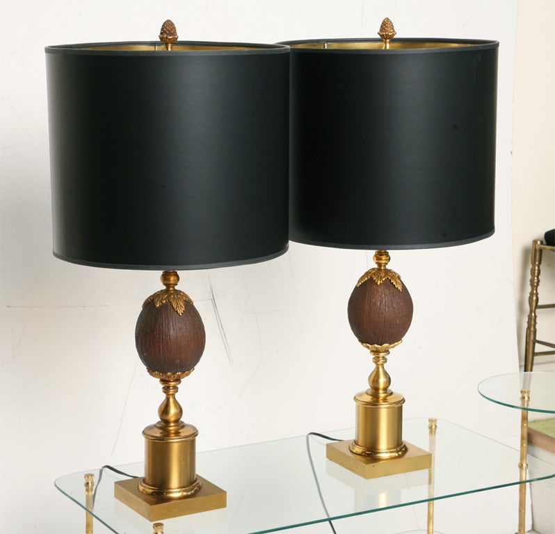 A fantastic and unusual pair of Maison Charles Brass & Bronze coconut table lamps.
 New black lampshades with shiny gold lining. 
Newly rewired for the US. 2 pairs available.
100 years of tradition and innovation in interior lighting,
1908 Maison