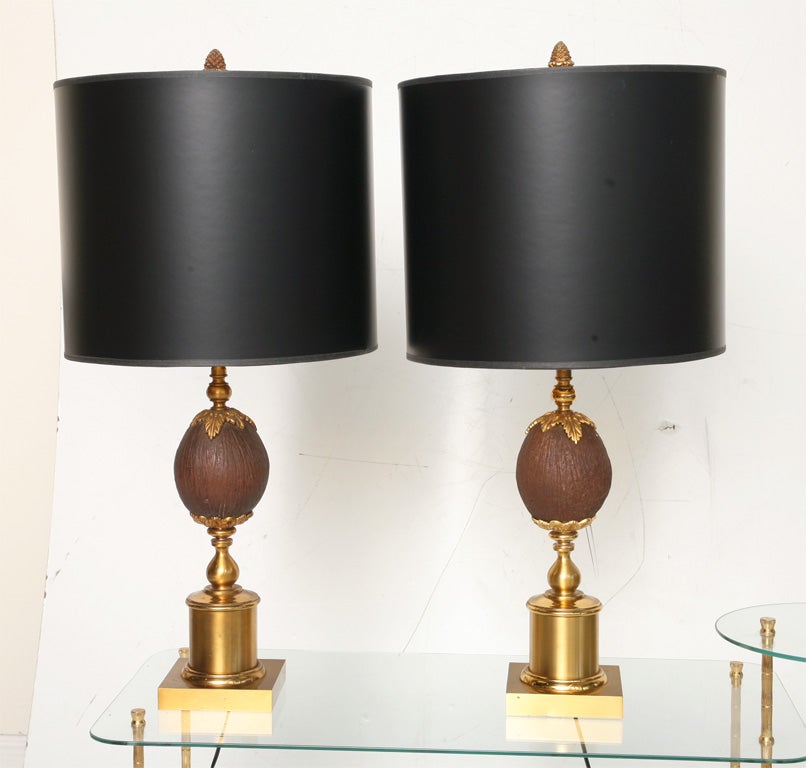 Mid-20th Century Pair of Maison Charles Brass & Bronze Coconut Table Lamps , 2 pairs available.