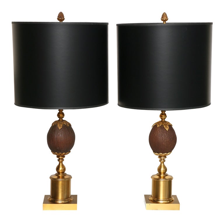 Pair of Maison Charles Brass & Bronze Coconut Table Lamps , 2 pairs available.