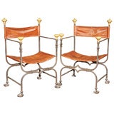 Pair of Iron Brass 
Leather Italian Campaign Chairs