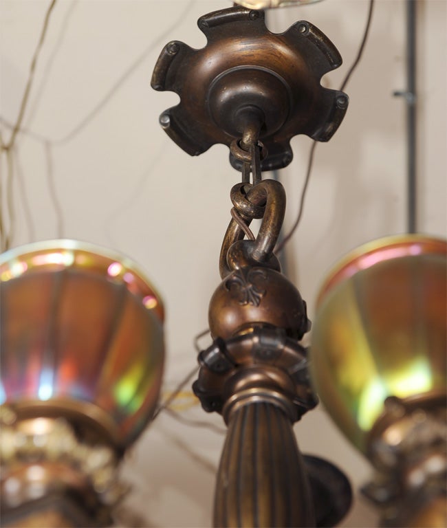 American Edwardian Six-Arm Chandelier with Steuben Shades