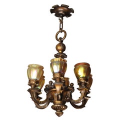 Edwardian Six-Arm Chandelier with Steuben Shades