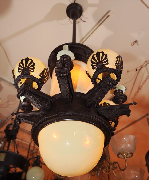 Patinated Bronze and Vaseline Glass Late Victorian Chandelier In Good Condition In Petaluma, CA