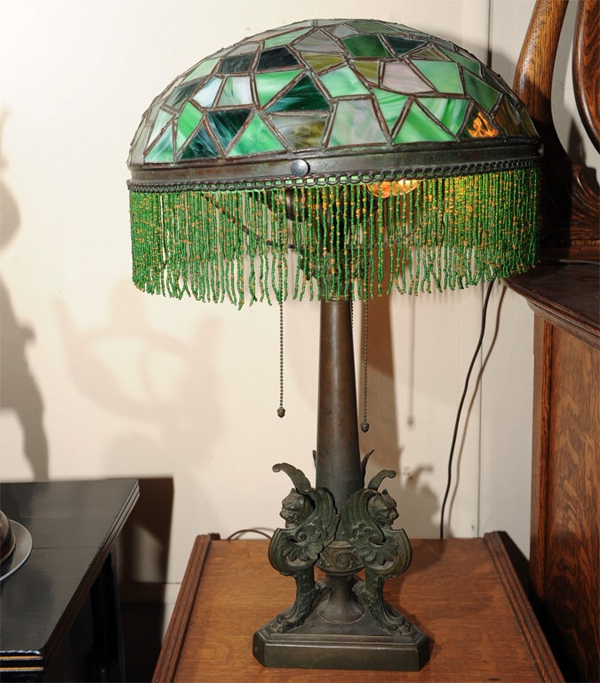 American Leaded Glass Table Lamp, Bronze Base with Griffins 2