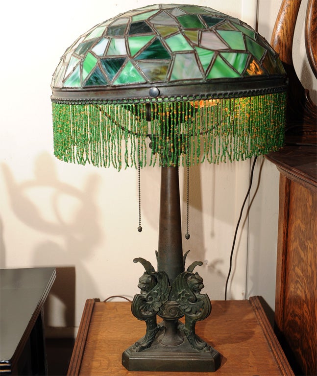 American Leaded Glass Table Lamp, Bronze Base with Griffins 3