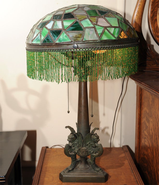 American Leaded Glass Table Lamp, Bronze Base with Griffins 5