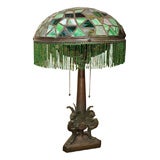Antique American Leaded Glass Table Lamp, Bronze Base with Griffins
