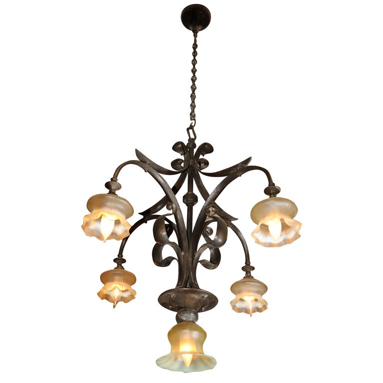 Continental Art Nouveau Five Arm Chandelier