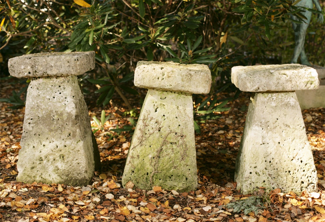 Three square-topped limestone staddle stones.<br />
Staddle stones were originally used as supporting bases for granaries; staddle stones lifted the granaries above the ground thereby protecting the stored grain from vermin and water seepage.<br