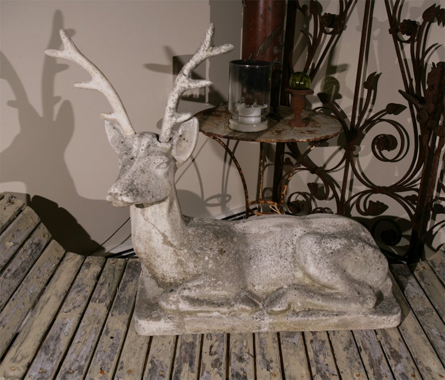 This piece is a treat!  Made of cast stone and in wonderful weathered surface, this stag has removeable antlers and so can become a doe instantaneously!  A great size for indoors or out and what a centerpiece for an autumn or winter tableau!